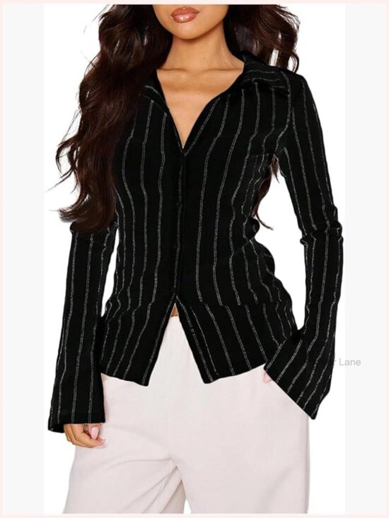 Tops - Striped Button Down Blouse Long Sleeve Collared Dressy Top Office Siren Fit